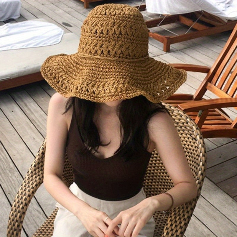 2pcs Handmade Linen Sun Hats for Women, Summer Beach Straw Hat with Wide Brim, Artistic Fresh Outdoor Foldable Sun Protection Cap, All-Season Inelastic Weave, Hand Wash Only, Beach Sun Protection | Natural Style Hat | Texture